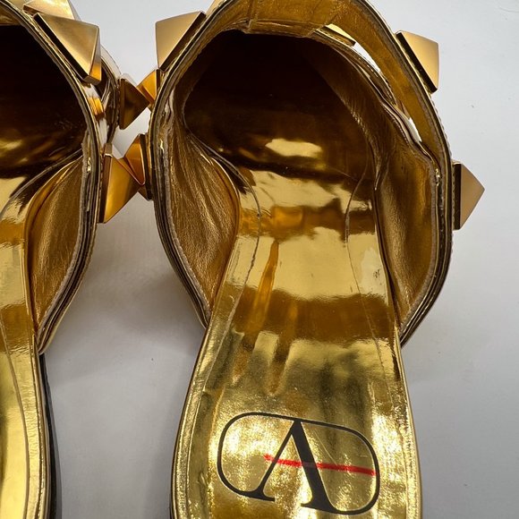 Valentino Garavani Roman Stud Metallic Gold Leather Ballerina Ankle-Strap Flats - Picture 6 of 10